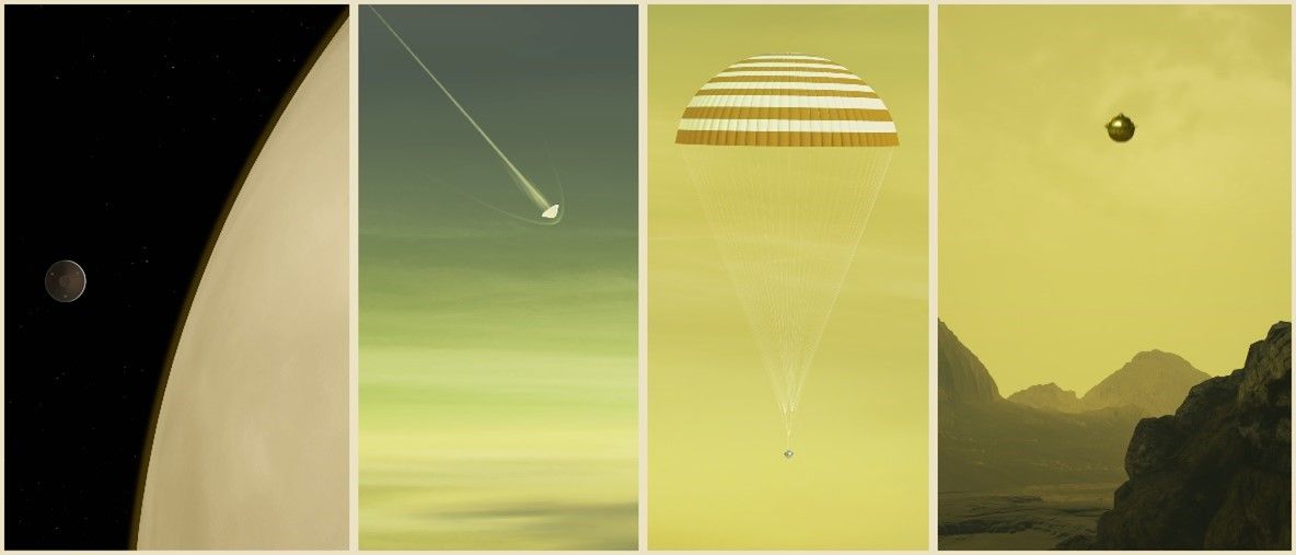 Visual of the different phases of the DAVINCI mission; arriving at Venus, launching and landing a probe on Venus, and the spacecraft acting as a telecommunications hub to relay data to Earth.