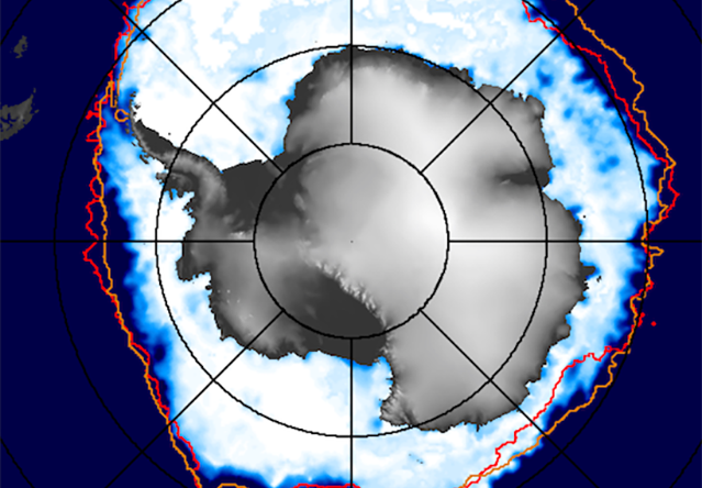 Color-coded map of the daily sea ice concentration in the Southern Hemisphere
