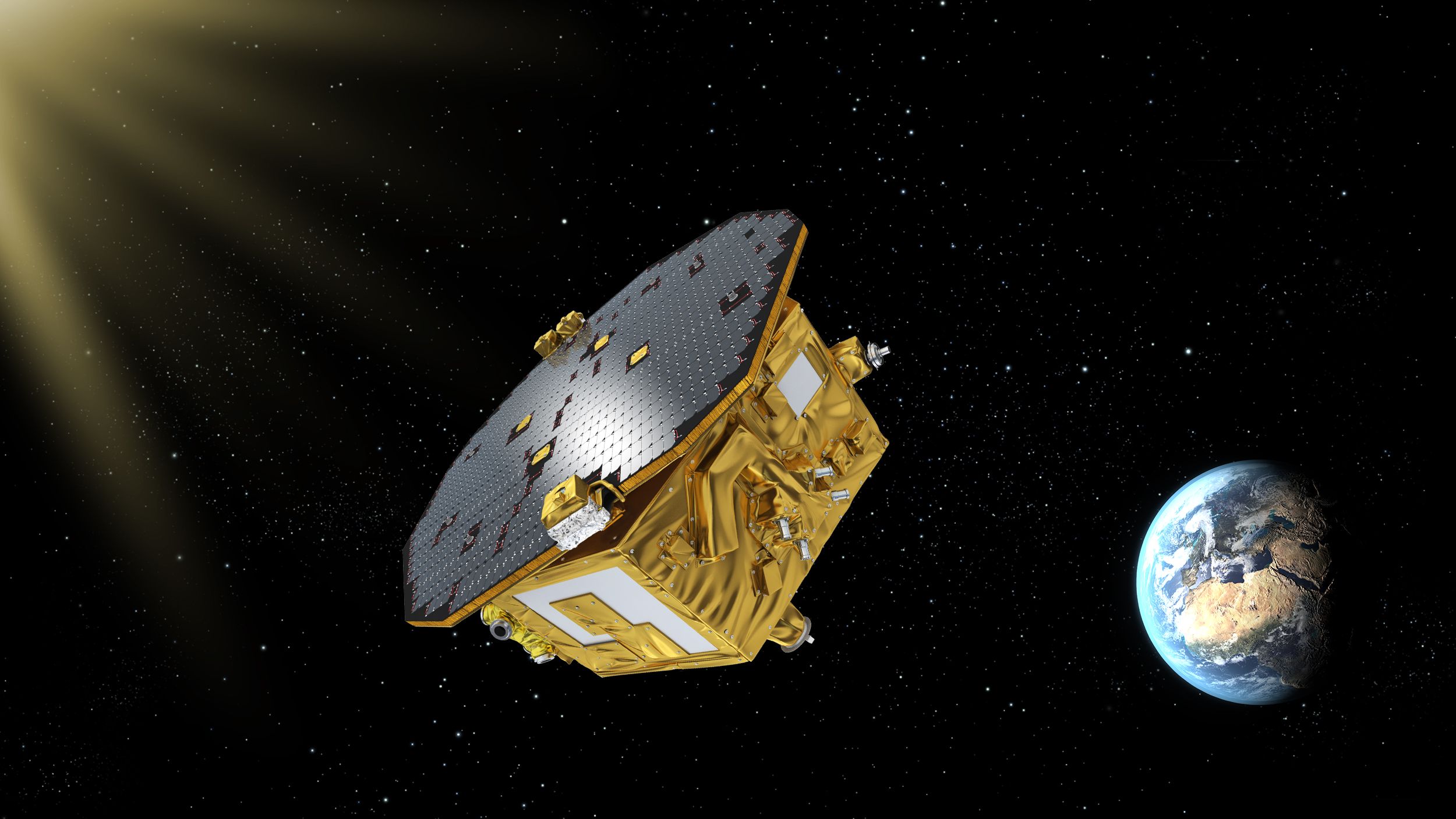 LISA Pathfinder operated from a vantage point in space about 1.5 million km from Earth towards the Sun, orbiting the first Sun-Earth Lagrangian point, L1. Credit: ESA - C.Carreau