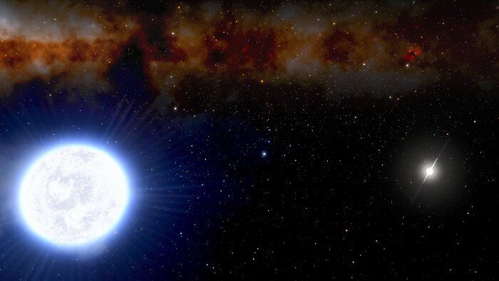 Artist's impression of an evolving white dwarf (foreground) and millisecond pulsar (background) binary system.