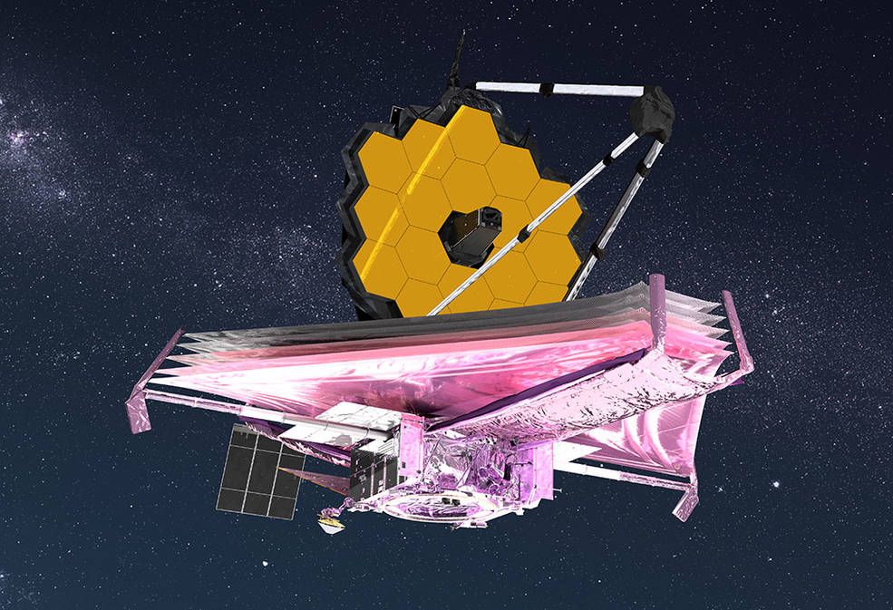 In this illustration, the multilayered sunshield on NASA’s James Webb Space Telescope stretches out beneath the observatory’s honeycomb mirror. The sunshield is the first step in cooling down Webb’s infrared instruments, but the Mid-Infrared Instrument (MIRI) requires additional help to reach its operating temperature.