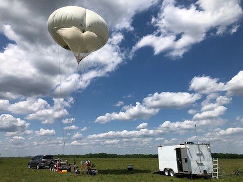 A tethered balloon system is flown at Guy, Texas