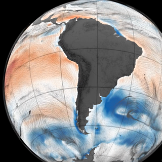 Image from animation depicting model areas where CO2 is absorbed (shown in blue) by the ocean and released (red).