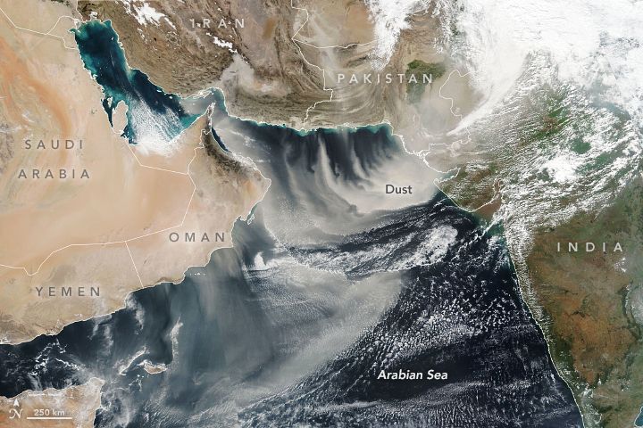 NOAA-NASA Suomi NPP satellite image of plumes of dust streaming from Oman, Pakistan, and Iran. 