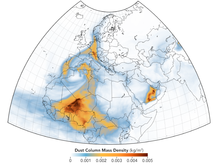 Map depicting a model of the dust movement on March 17 based on the Goddard Earth Observing System Model, Version 5