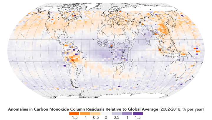 Global map of anomalies in carbon monoxide column residuals 