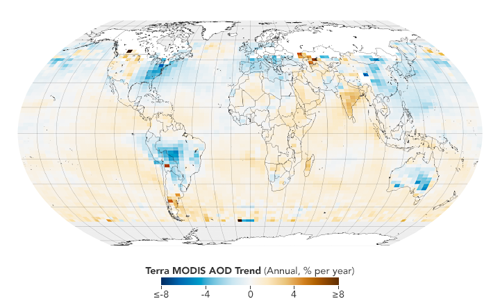 Map of trends in aerosols since 2002 as measured by Terra’s MODIS