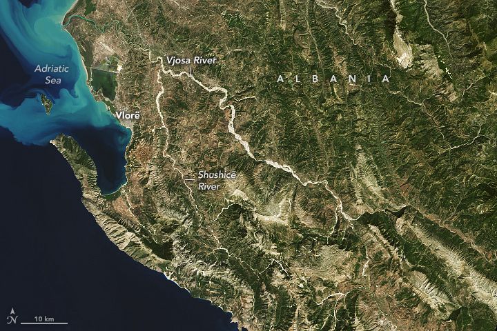 Landsat 8 natural-color satellite image of Vjosa River