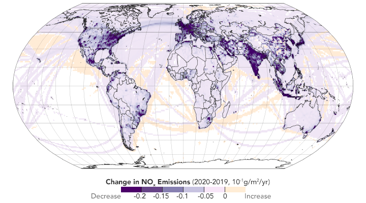 Global map of change in NOx Emissions 2020-2019