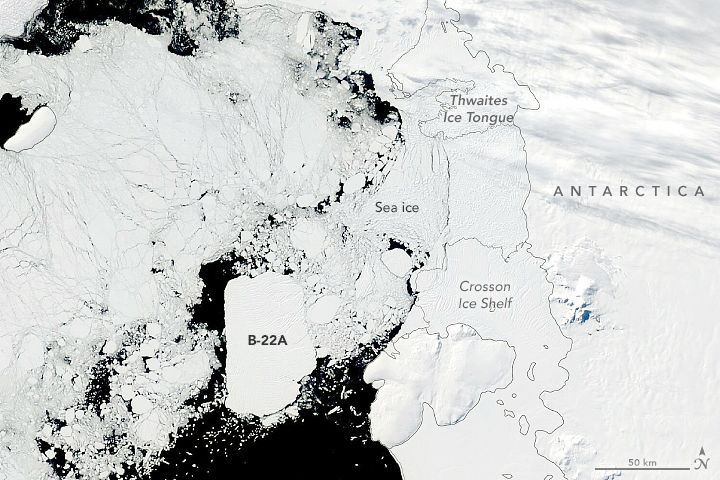 Terra satellite image of Iceberg B-22A on February 2, 2022