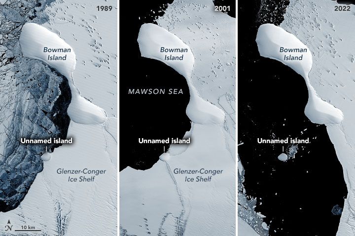  Triptych of images of eastern Antarctica acquired by Landsat satellites between 1989 and 2022.