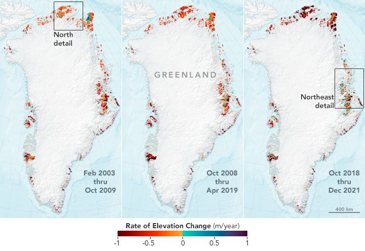Three images of Greenland depicting Rate of Elevation Change (m/yr)