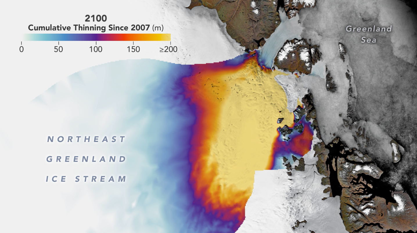 Still from animation depicting Northeast Greenland Ice Stream Cumulative Thinning since 2007