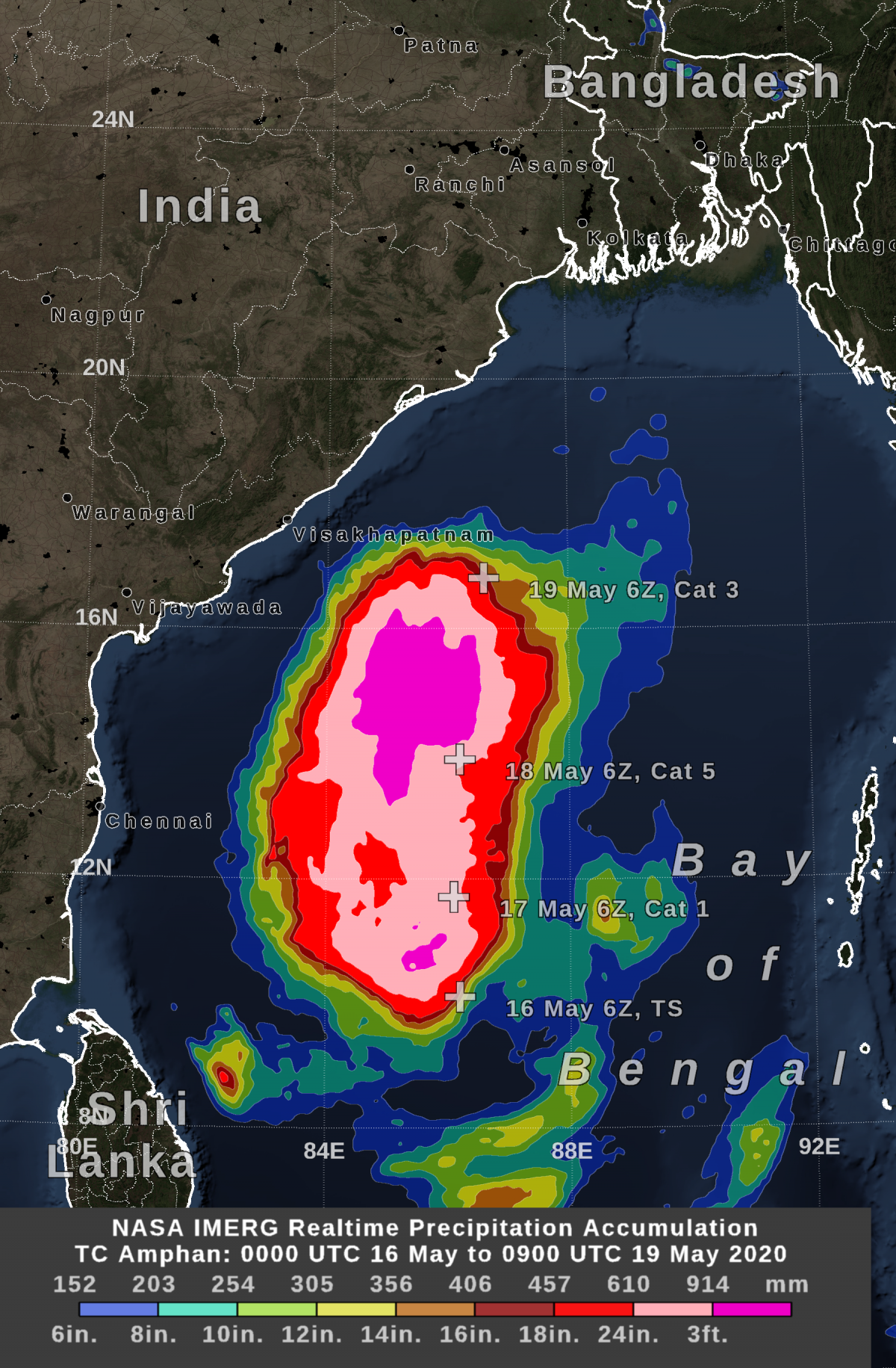 GPM IMERG estimated rainfall totals from Cyclone Amphan from May 16 – 19, 2020.