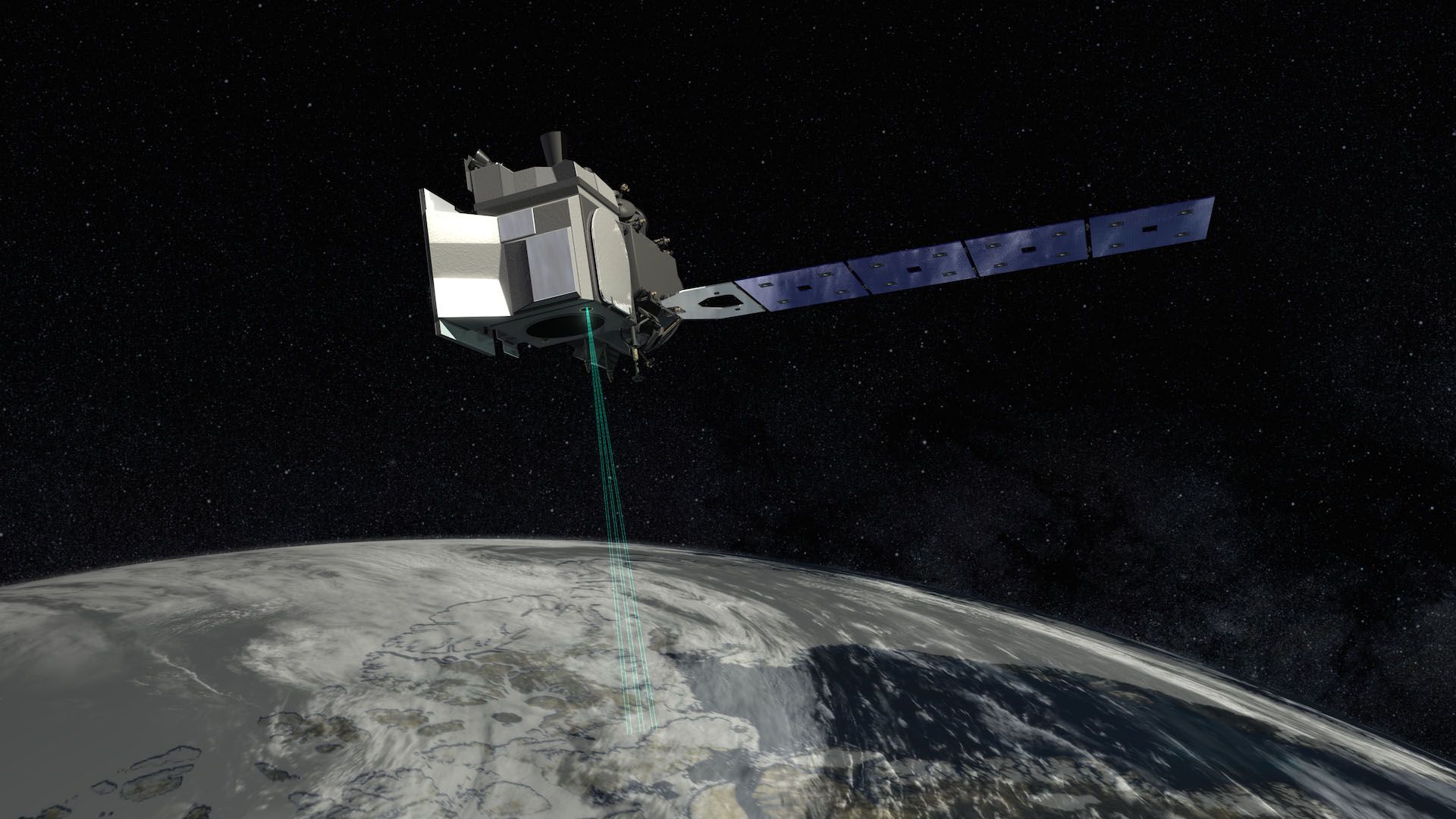 Schematic of ICESat-2 in orbit firing its green (532 nanometer) lasers to measure surface height.