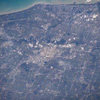 Chicago's O'Hare International Airport is centered in this photograph, taken by astronauts aboard the International Space Station. 