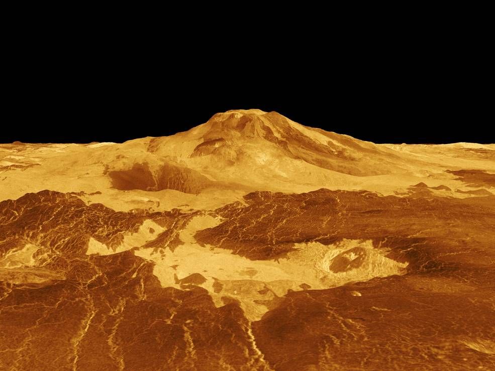 Computer-generated perspective image of a volcano on Venus