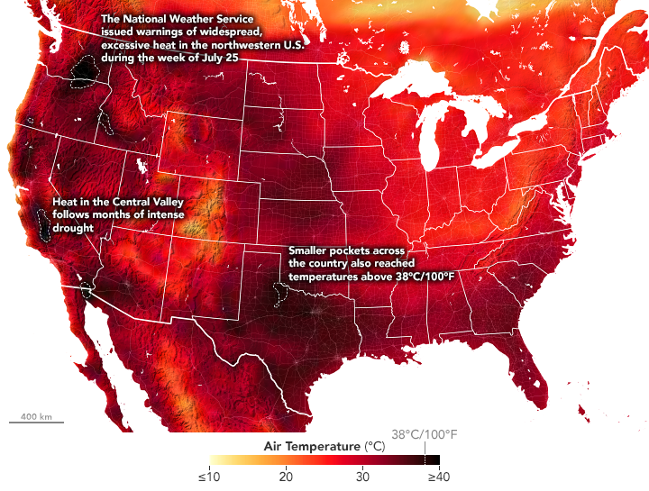 Map depicting North American air temperature on July 31, 2022