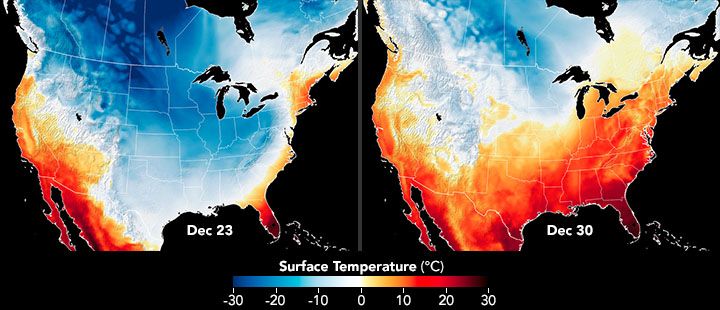 Two images of the United States depicting Surface Temperatures on December 23, 2022 (left), and December 30, 2022 (left).