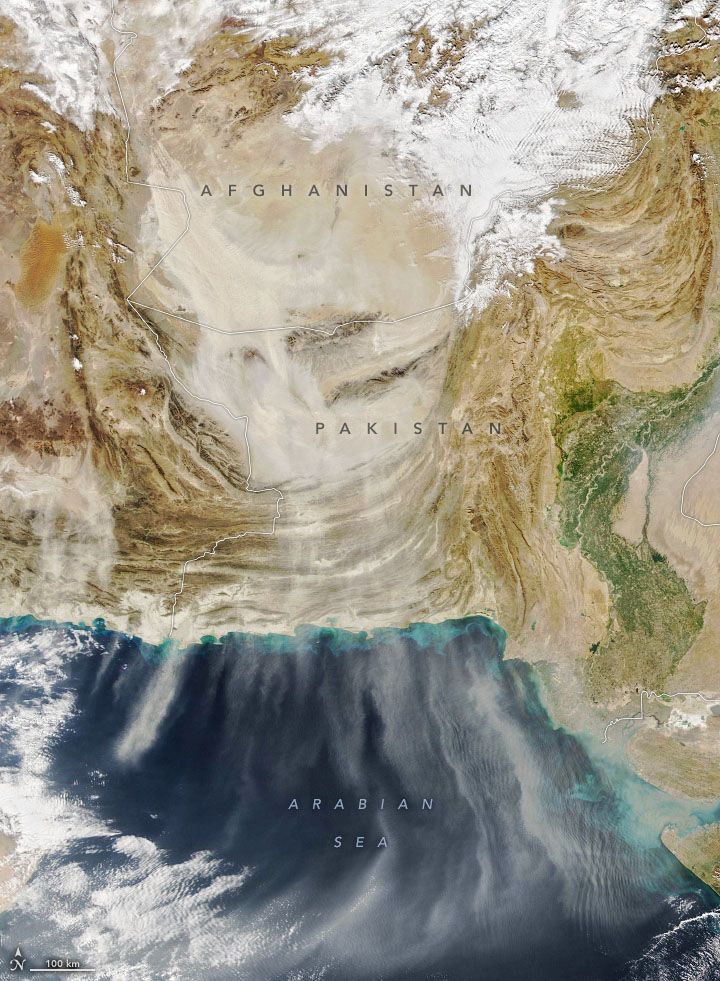 NOAA-20 satellite image of dust streaming off a dry Sistan Basin 