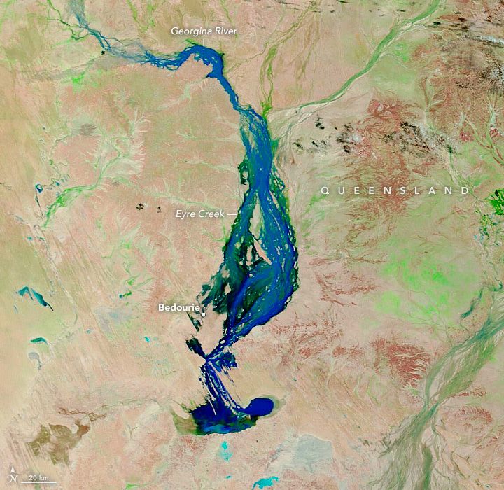 False-color Terra satellite image of flooding in Queensland
