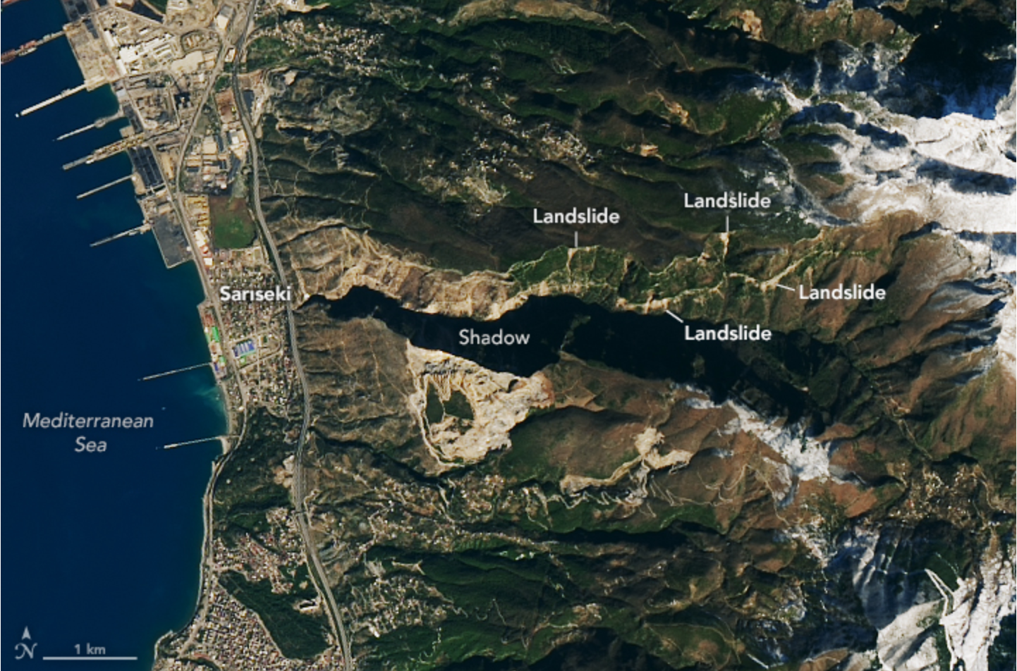 Landsat 9 satellite image of landslide areas in Türkiye