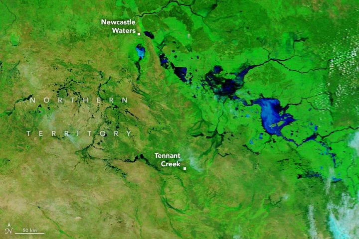 False-color Terra satellite image of Australia's Barkly region near Tennant Creek and Newcastle Waters 