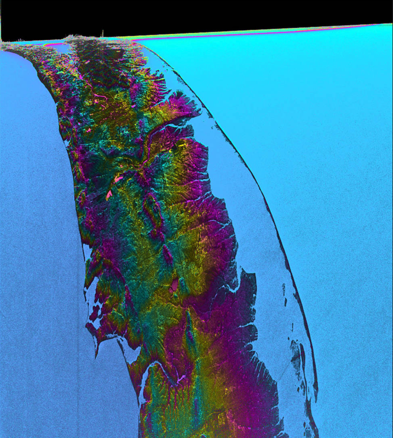 Visualization showing water features on New York’s Long Island – shown as bright pink splotches. Purple, yellow, green, and dark blue shades represent different land elevations, while the surrounding ocean is a lighter blue. The data was collected on Jan. 21, 2023, by SWOT’s KaRIn instrument.