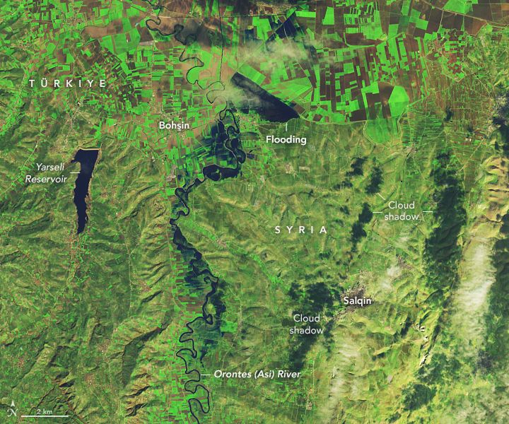 Landsat 9 satellite image of flooded farmland and communities along the Orontes River
