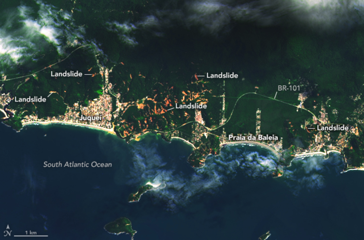 Landsat 8 satellite image of landslides in the coastal municipality of São Sebastião, Brazil