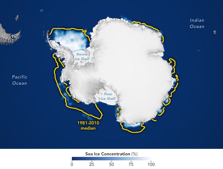 Map of Antarctica sea ice at lowest extent on February 21, 2023