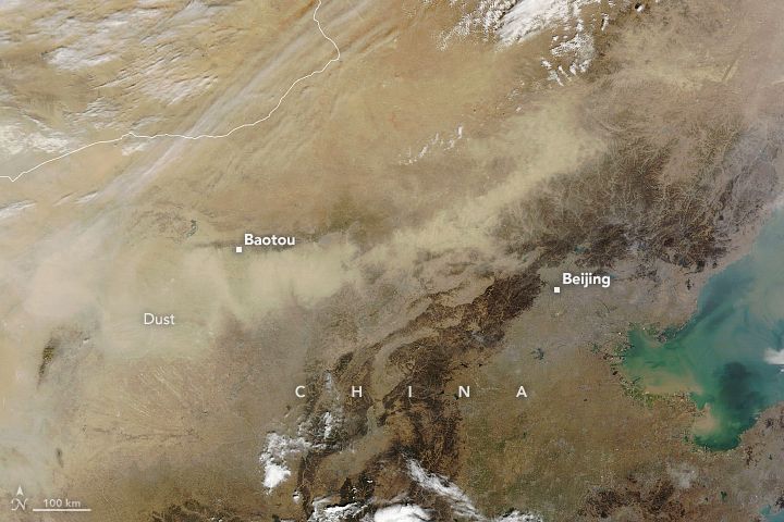 Satellite image of a wall of dust from the Gobi Desert approaching northeastern China and the Beijing metropolitan area on March 10, 2023