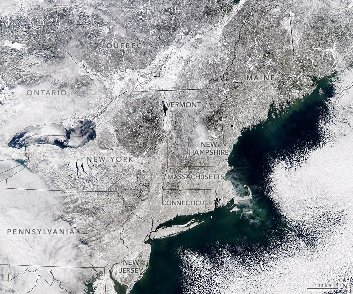 Aqua satellite natural-color image of snow-covered Mid-Atlantic and New England