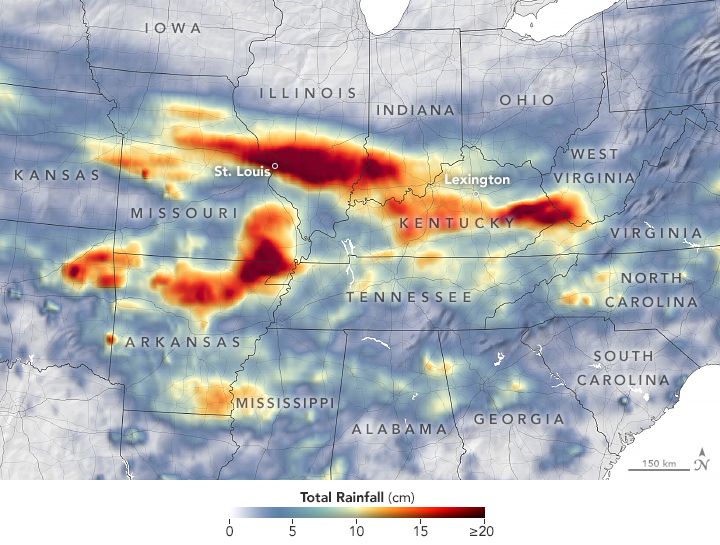 Map depicting satellite-based estimate of rainfall from July 25-31, 2022, across Midwest and South