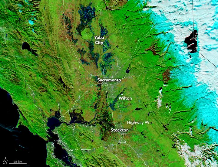 Aqua satellite false-color image of flooding in California