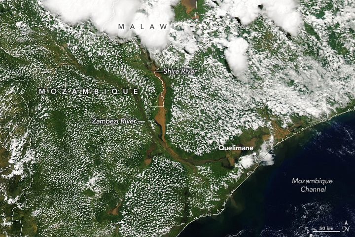 Aqua satellite image of flooding on the Shire, Zambezi, and Licungo rivers on March 19, 2023