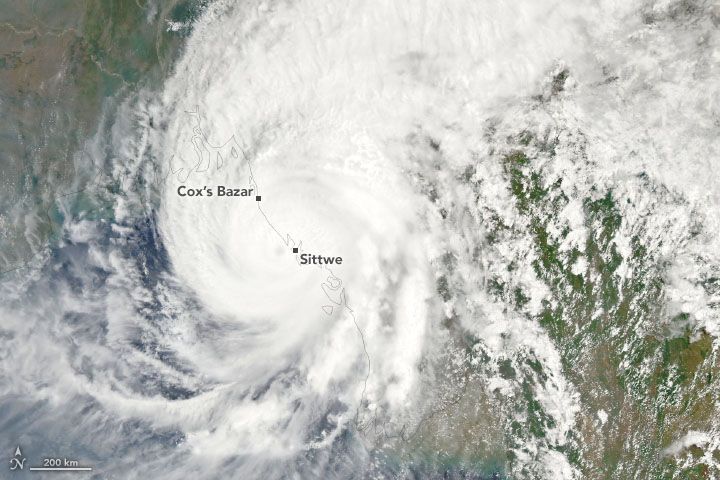 Aqua satellite natural-color image of the Cyclone Mocha as it neared landfall
