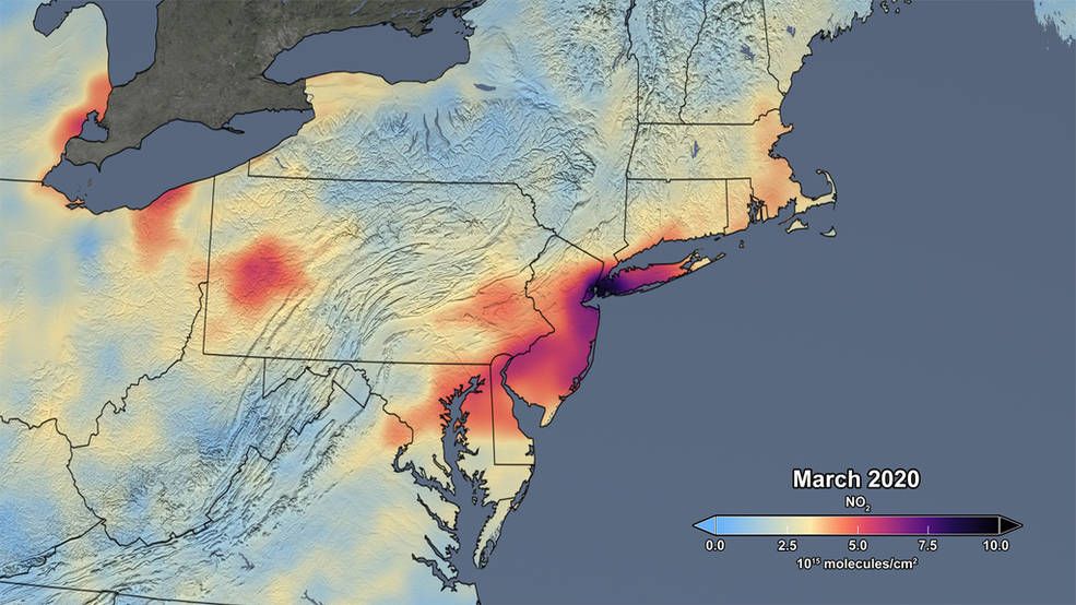 Image depicting March 2020 levels of nitrogen dioxide in the northeast U.S