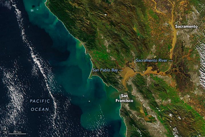 Aqua satellite image detail of swirls of sediment off the coast of California on January 17, 2023 