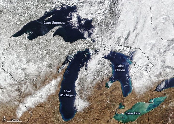 NOAA-20 satellite image of ice cover on Great Lakes
