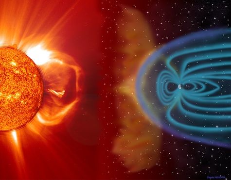 This illustration shows a coronal mass ejection erupting from the Sun (left) and the resulting solar storm colliding with Earth’s protective magnetic field, the magnetosphere (right)