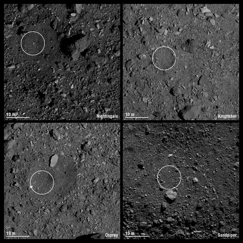 Images of the four candidate sample collection sites on asteroid Bennu selected by NASA’s OSIRIS-REx mission.