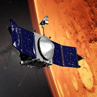 This illustration shows NASA's MAVEN spacecraft and the limb of Mars